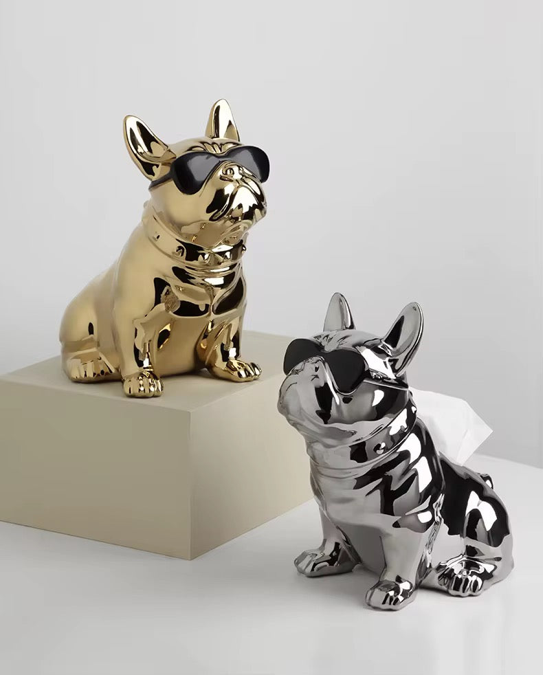 Chrome Luxe French Bulldog Tissue Holder – Modern Sunglasses Sculpture