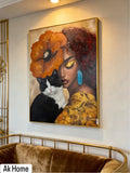 Woman with Cat & Florals Framed Canvas Print – Black Gold Frame