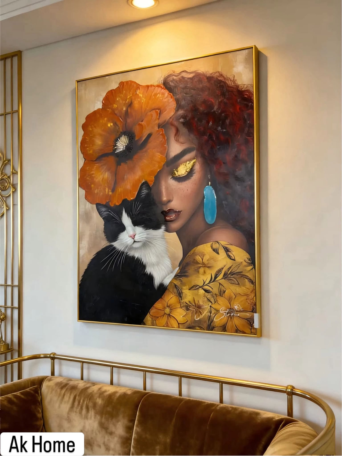 Woman with Cat & Florals Framed Canvas Print – Black Gold Frame