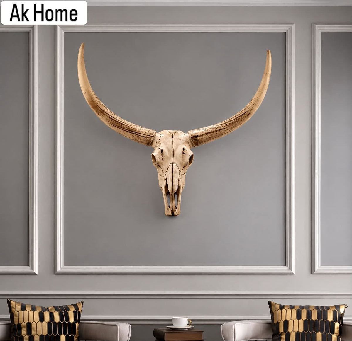 Longhorn Bull Skull Wall Sculpture — premium resin, 68×24×60cm, AK Home