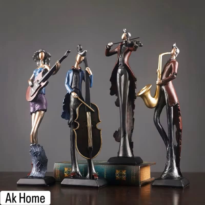 Jazz Band Musician Figurines Set of 4 – guitarist, double bassist, violinist and saxophonist resin sculptures in vintage finish