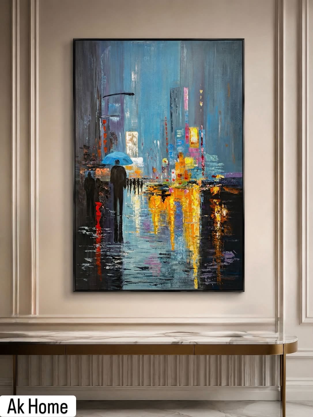 Rainy City Night Hand-Painted Canvas in PS Floating Frame 80x120cm