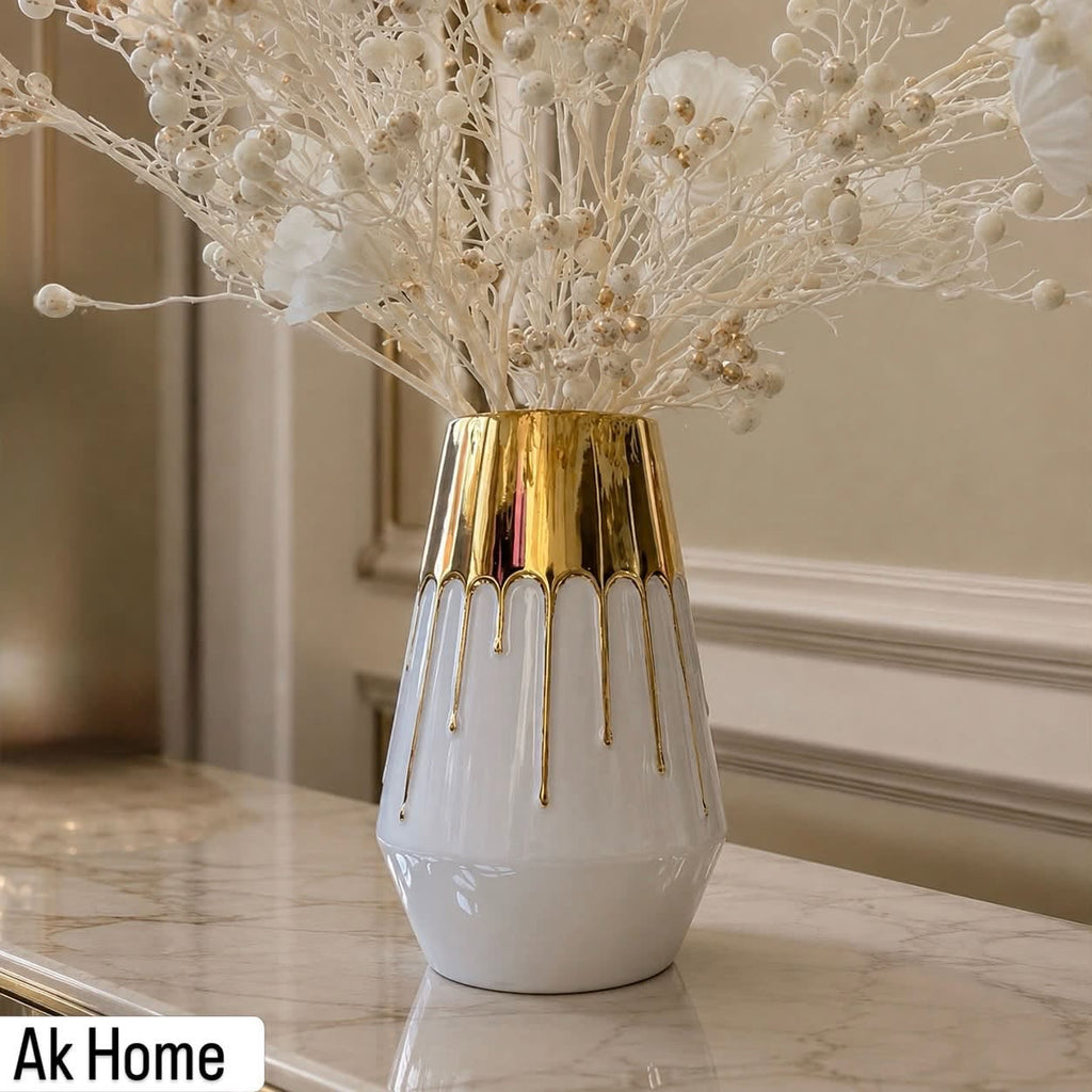 Gold Drip Ceramic Vase — white and gold, 25.4×16.51cm, AK Home