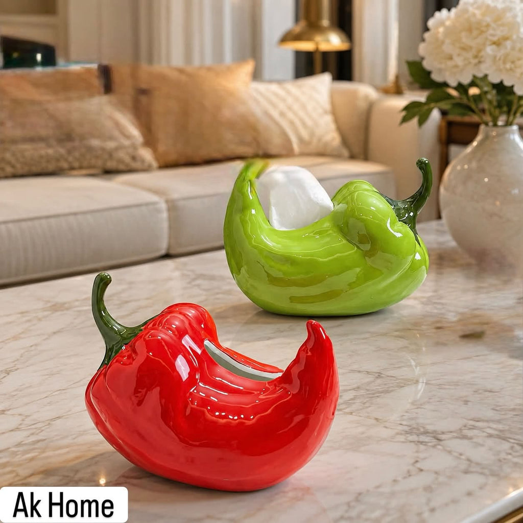 Chili Pepper Ceramic Tissue Box Holder – red and green glossy ceramic chili pepper holders on marble coffee table