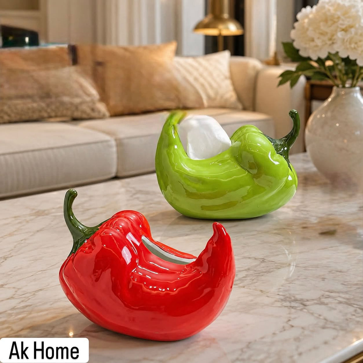 Chili Pepper Ceramic Tissue Box Holder – red and green glossy ceramic chili pepper holders on marble coffee table