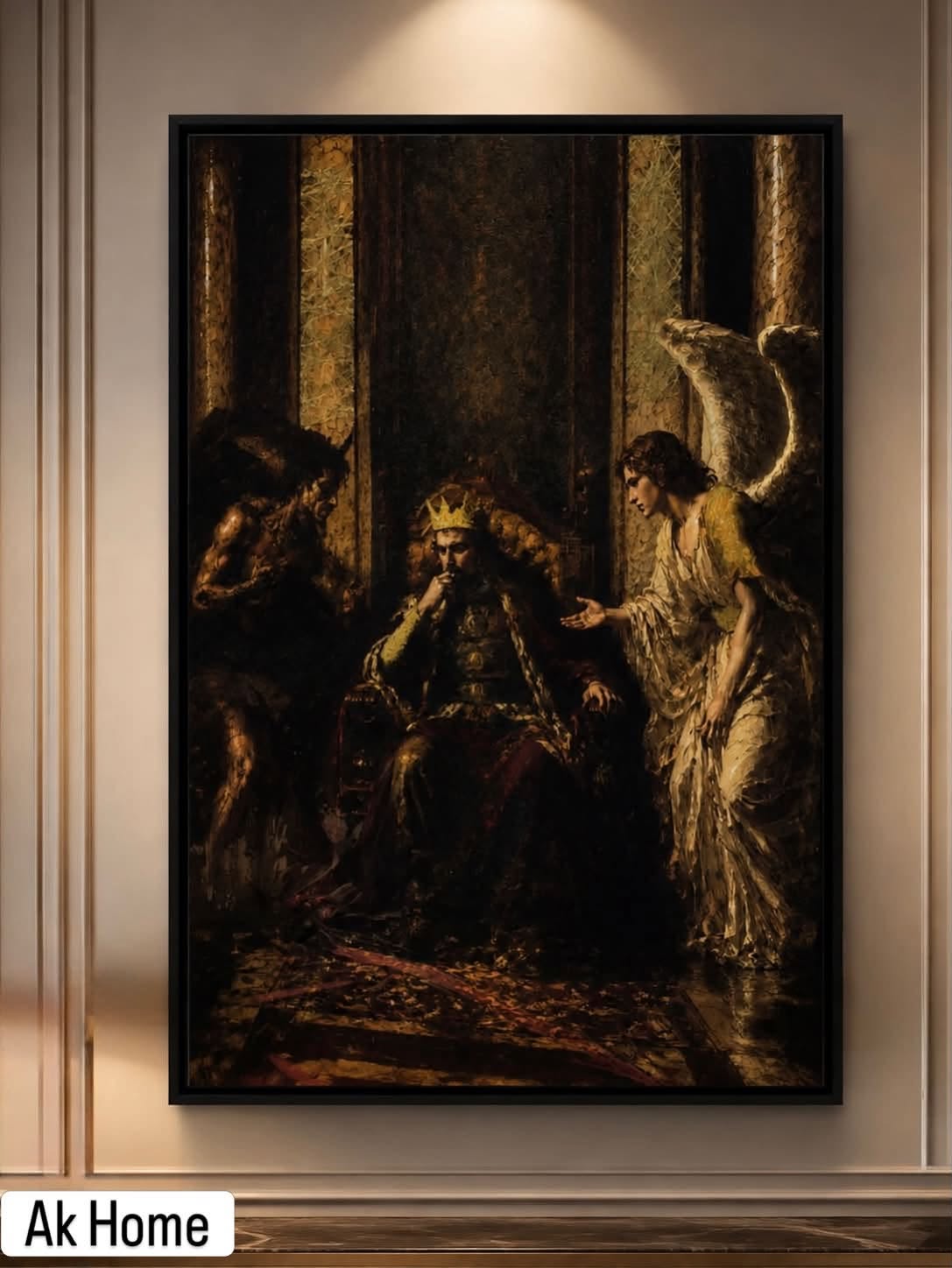 King Painting – dark luxury framed wall art with crowned king figure in gold and noir tones