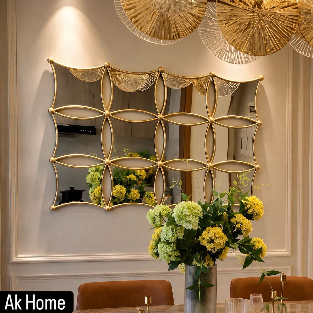 Luxury Gold Geometric Wall Mirror displayed in an elegant dining room