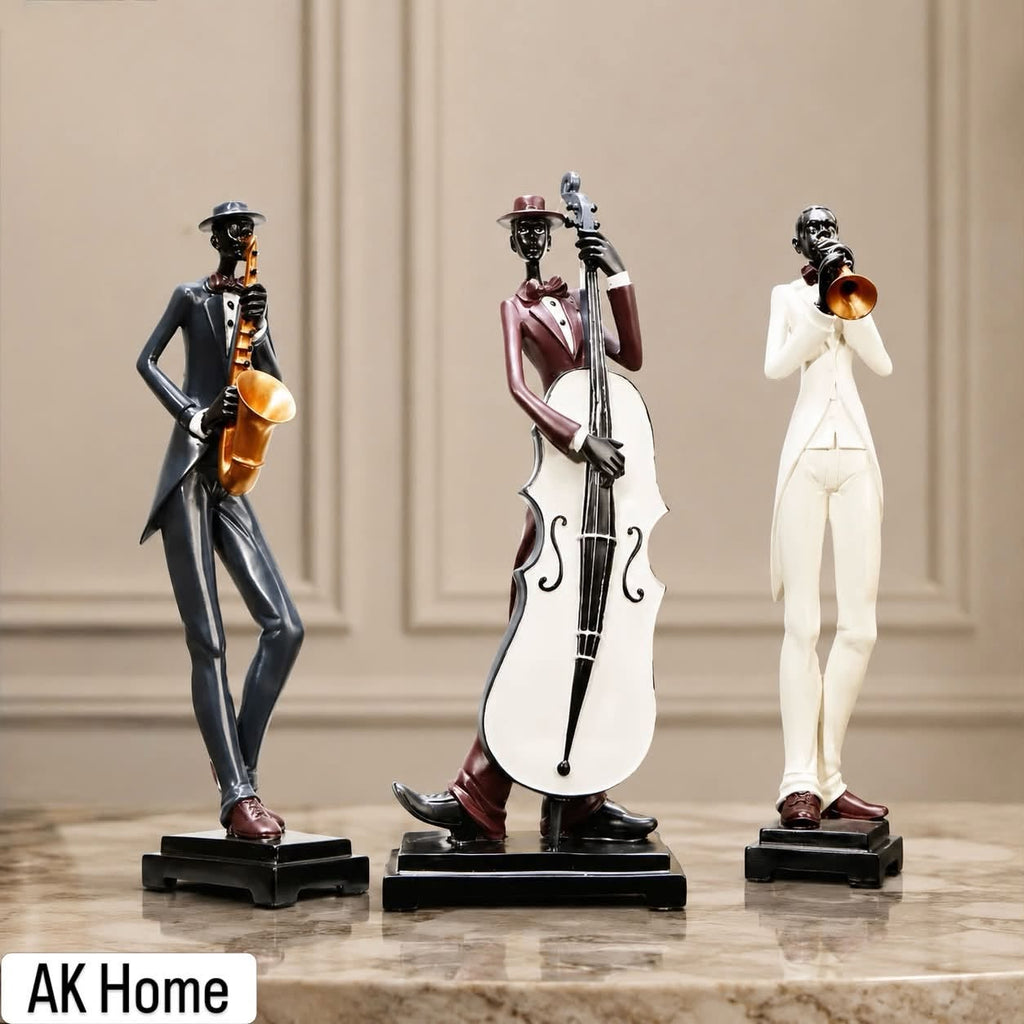 Jazz Trio Musician Figurines Set of 3 – saxophonist in grey, double bassist in burgundy, and trumpeter in white resin on black bases