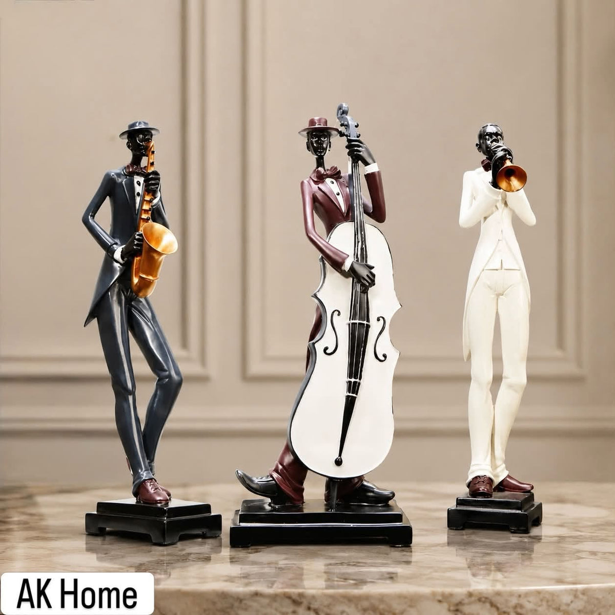 Jazz Trio Musician Figurines Set of 3 – saxophonist in grey, double bassist in burgundy, and trumpeter in white resin on black bases