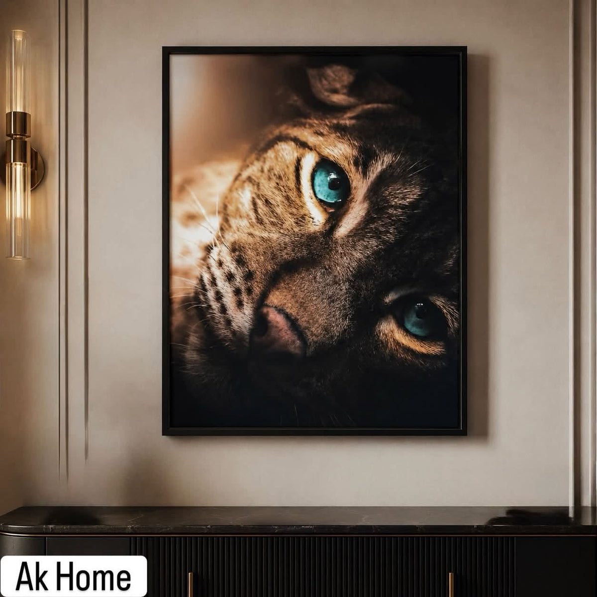 Leopard Eyes Crystal Porcelain Wall Art — 70×100cm gold and black metal frame, AK Home