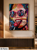 Pop Art Girl Graffiti Wall Art – bold comic book style girl with pink sunglasses and lollipop on colourful graffiti background in gold frame