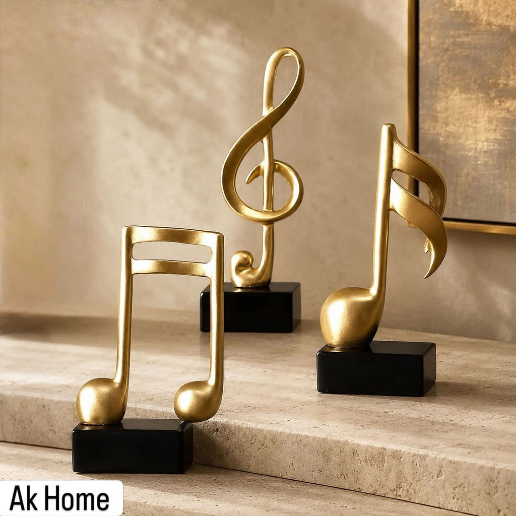 Gold Music Note Resin Sculptures Set of 3 on Black Bases