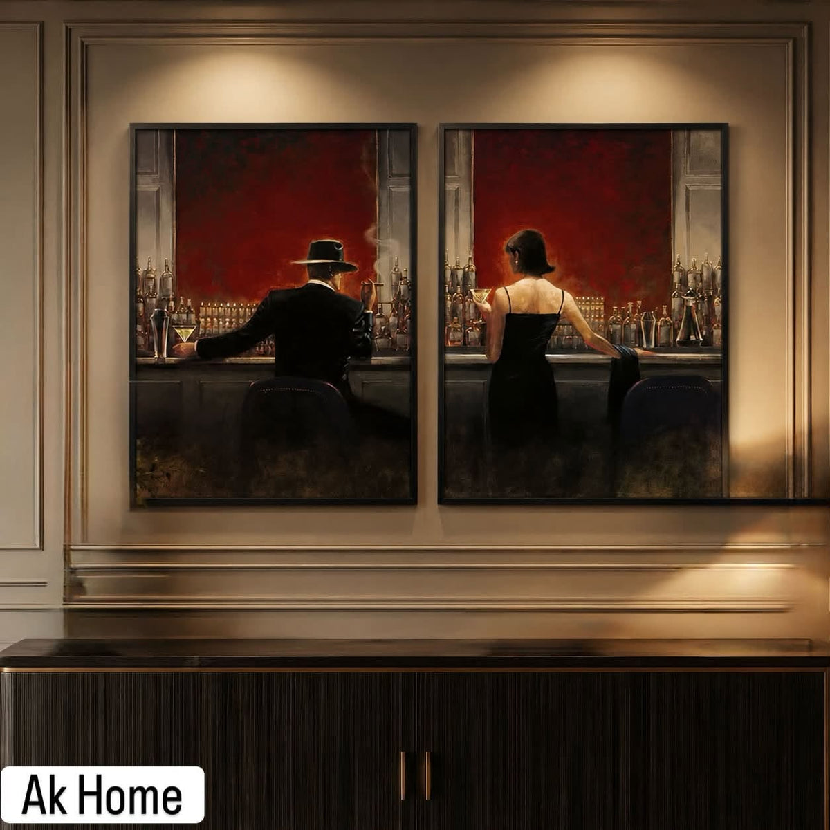 Midnight Bar Noir Diptych Wall Art – man in fedora and woman in black dress at dimly lit bar in black frames on beige panelled wall