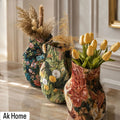 Botanical Woven Fabric Vases – set of three in floral tapestry prints on marble surface