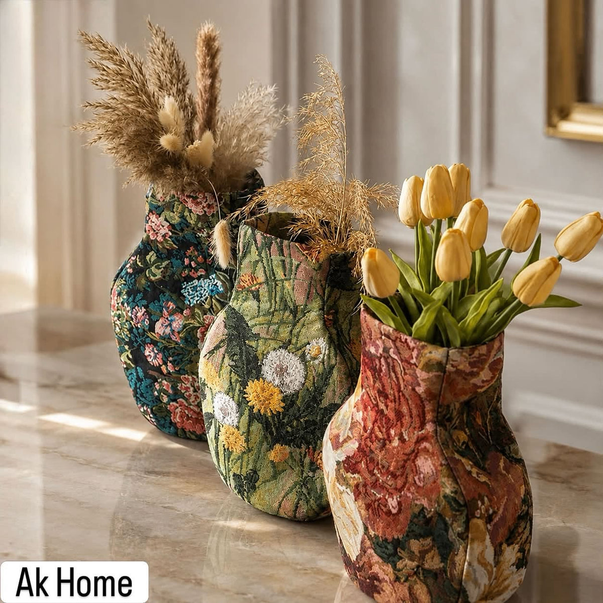 Botanical Woven Fabric Vases – set of three in floral tapestry prints on marble surface