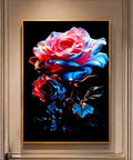 Luminous Rose Wall Art – vivid pink, red and blue roses on black background in gold frame on beige wall
