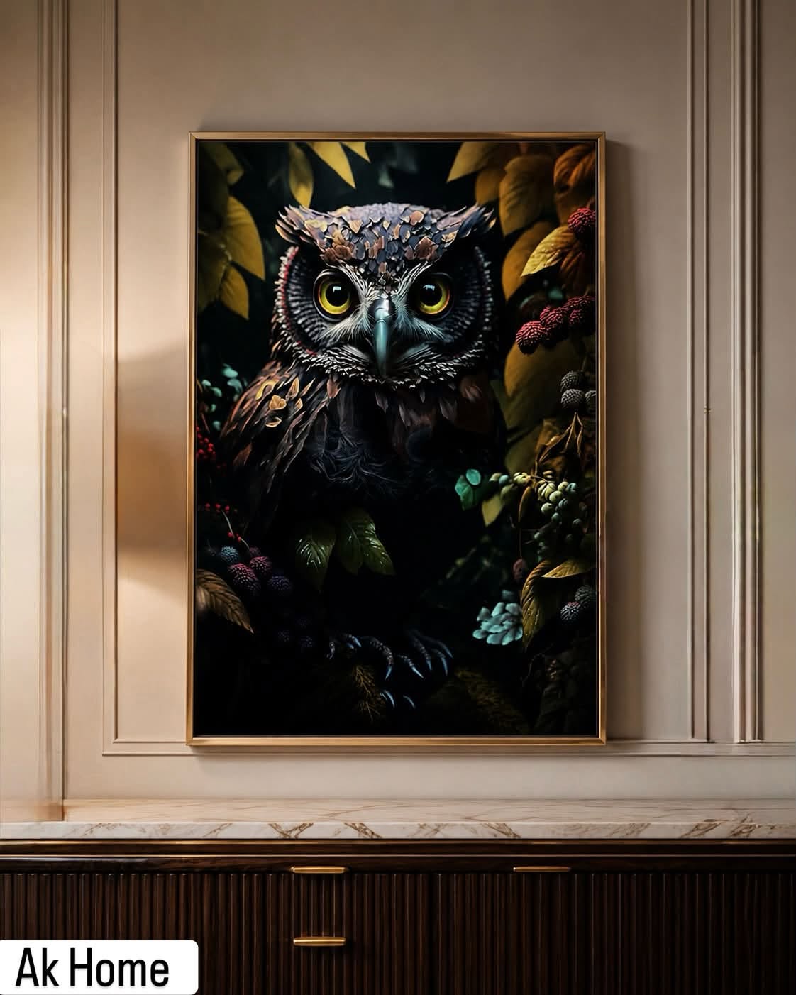 Midnight Owl Botanical Wall Art – intense yellow-eyed owl surrounded by dark autumn foliage and berries in gold frame on beige wall