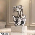 Abstract Face Bust Vase Sculpture – mirror silver resin bust on white marble base