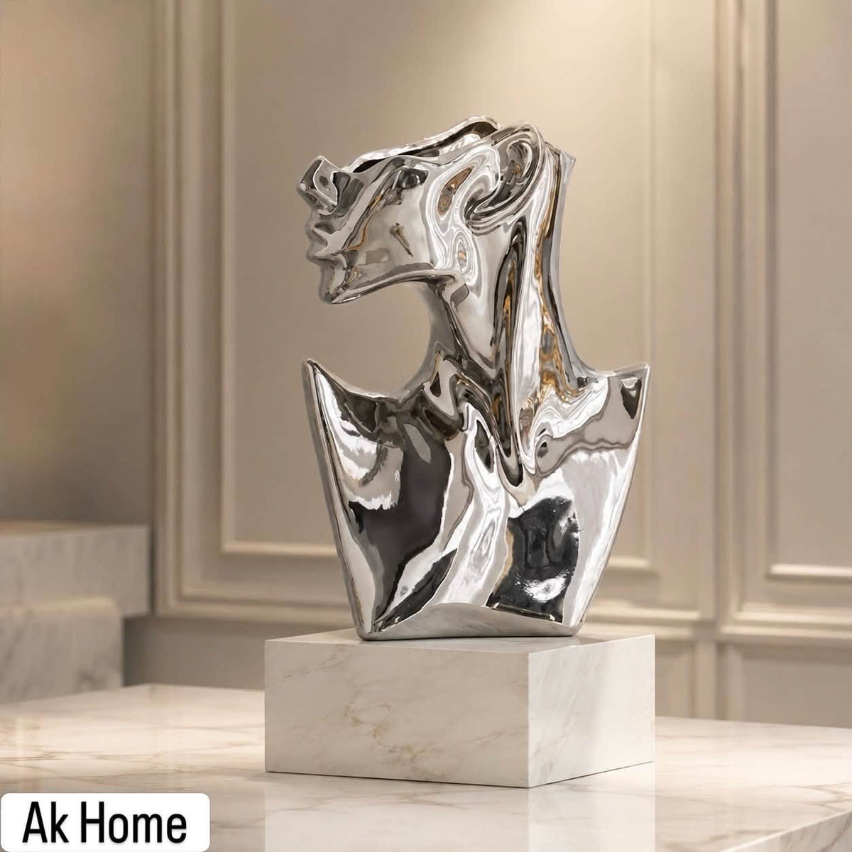 Abstract Face Bust Vase Sculpture – mirror silver resin bust on white marble base