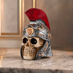 Luxury Roman Warrior Skull Sculpture in silver resin with gold lion helmet detail and red plume