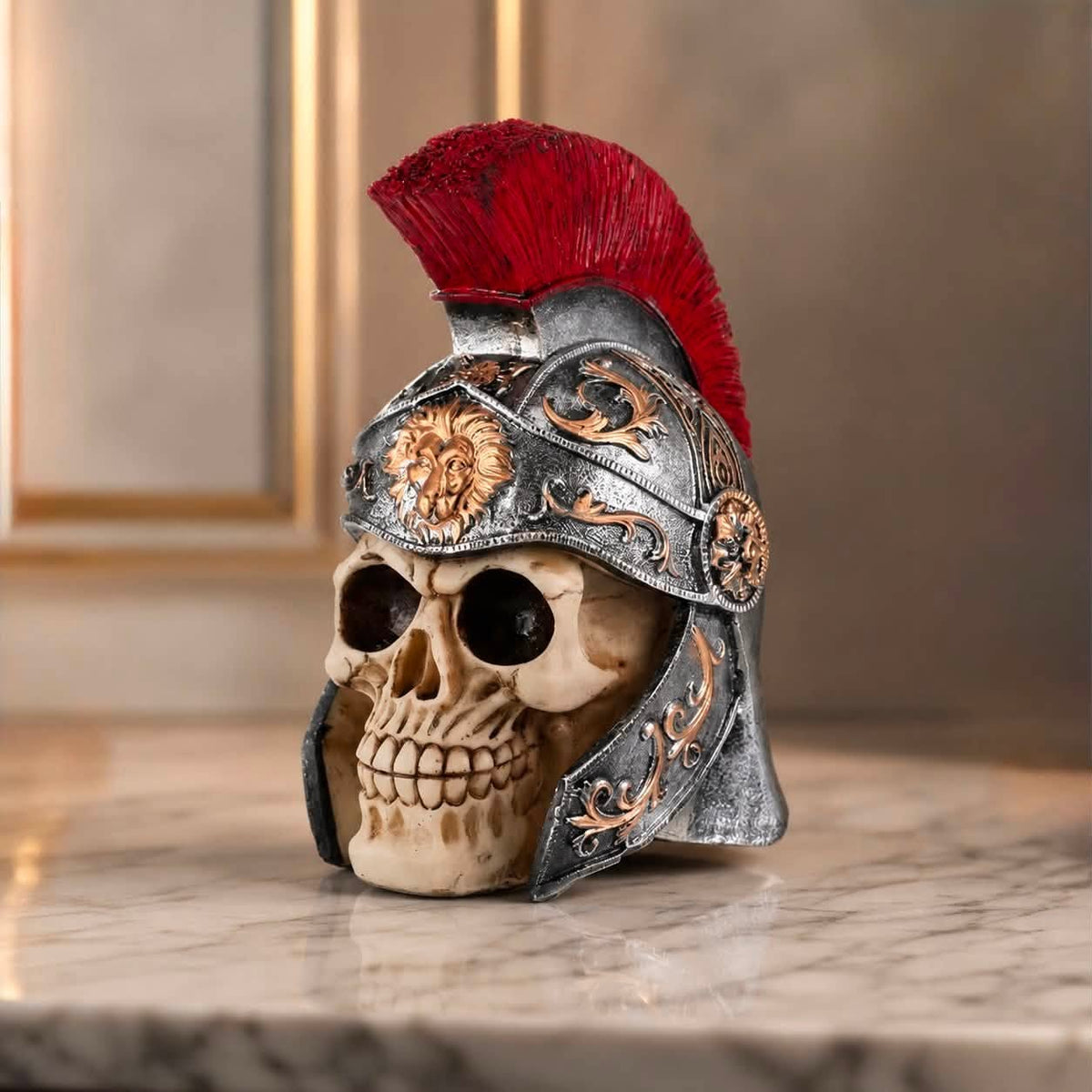 Luxury Roman Warrior Skull Sculpture in silver resin with gold lion helmet detail and red plume
