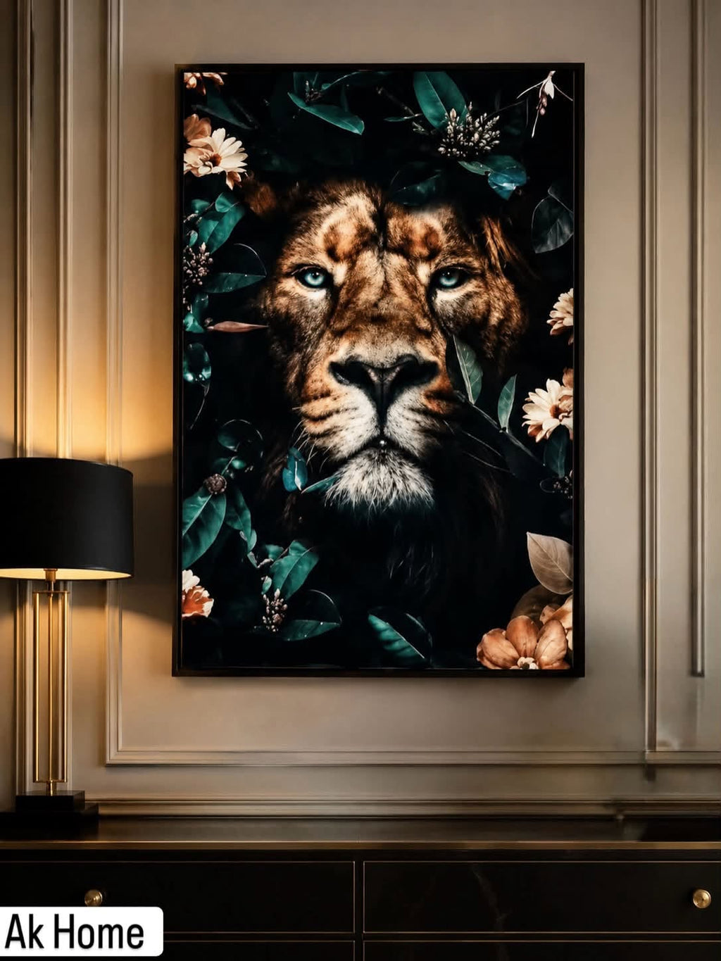 Jungle King Lion Floral Wall Art – piercing-eyed lion surrounded by dark tropical foliage and flowers in black frame on grey wall