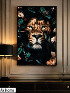 Jungle King Lion Floral Wall Art – piercing-eyed lion surrounded by dark tropical foliage and flowers in black frame on grey wall