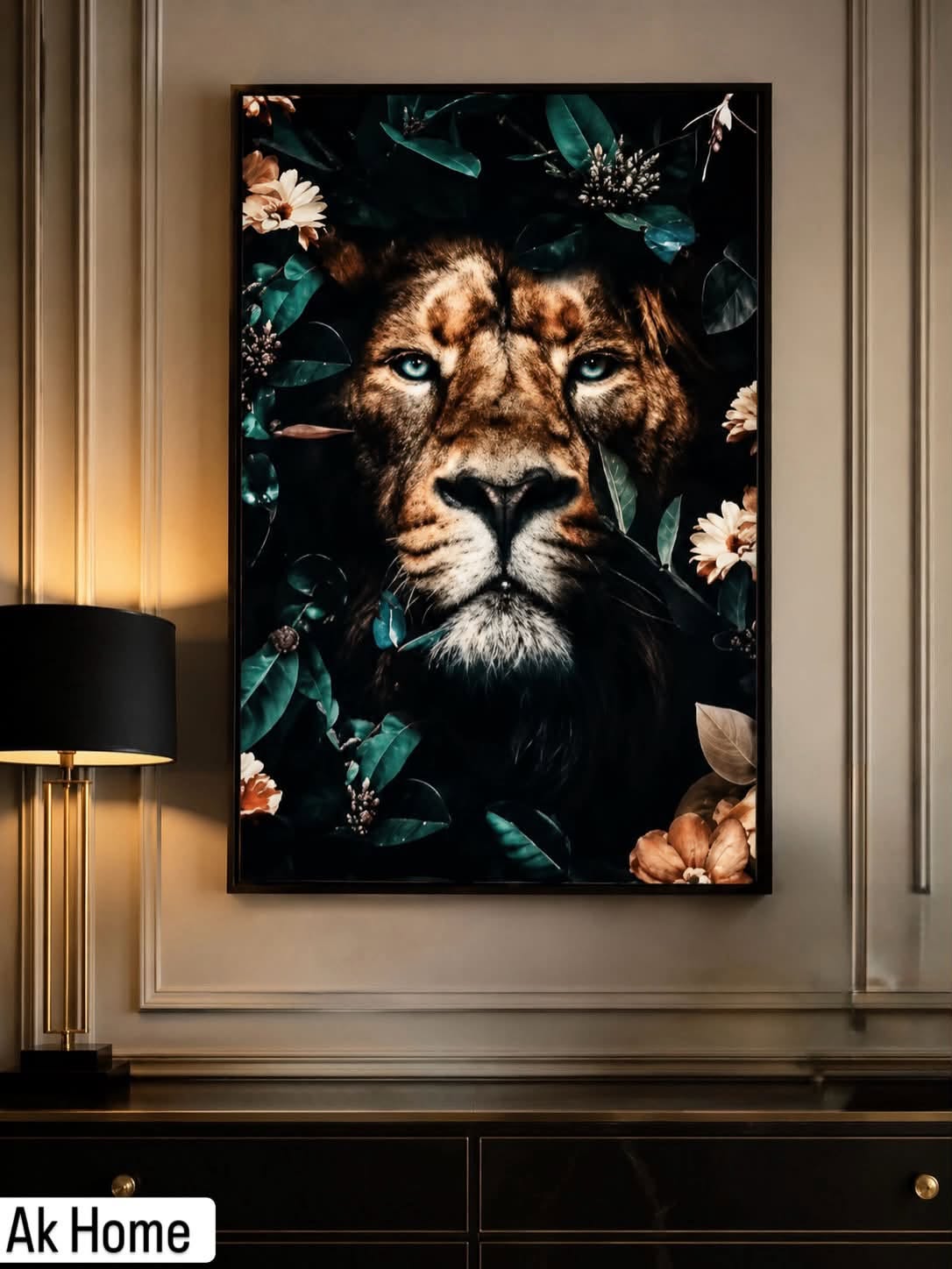 Jungle King Lion Floral Wall Art – piercing-eyed lion surrounded by dark tropical foliage and flowers in black frame on grey wall