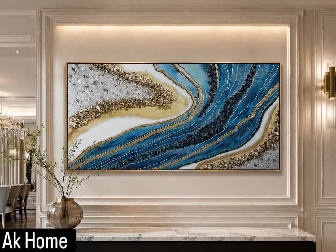 Luxury Abstract Crystal Porcelain Wall Art in Ocean Blue and Gold, gold aluminum alloy framed