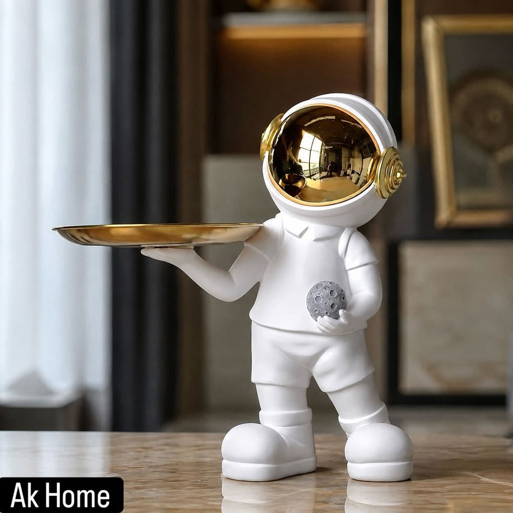 Luxury Astronaut Tray Sculpture with gold helmet and gold serving tray