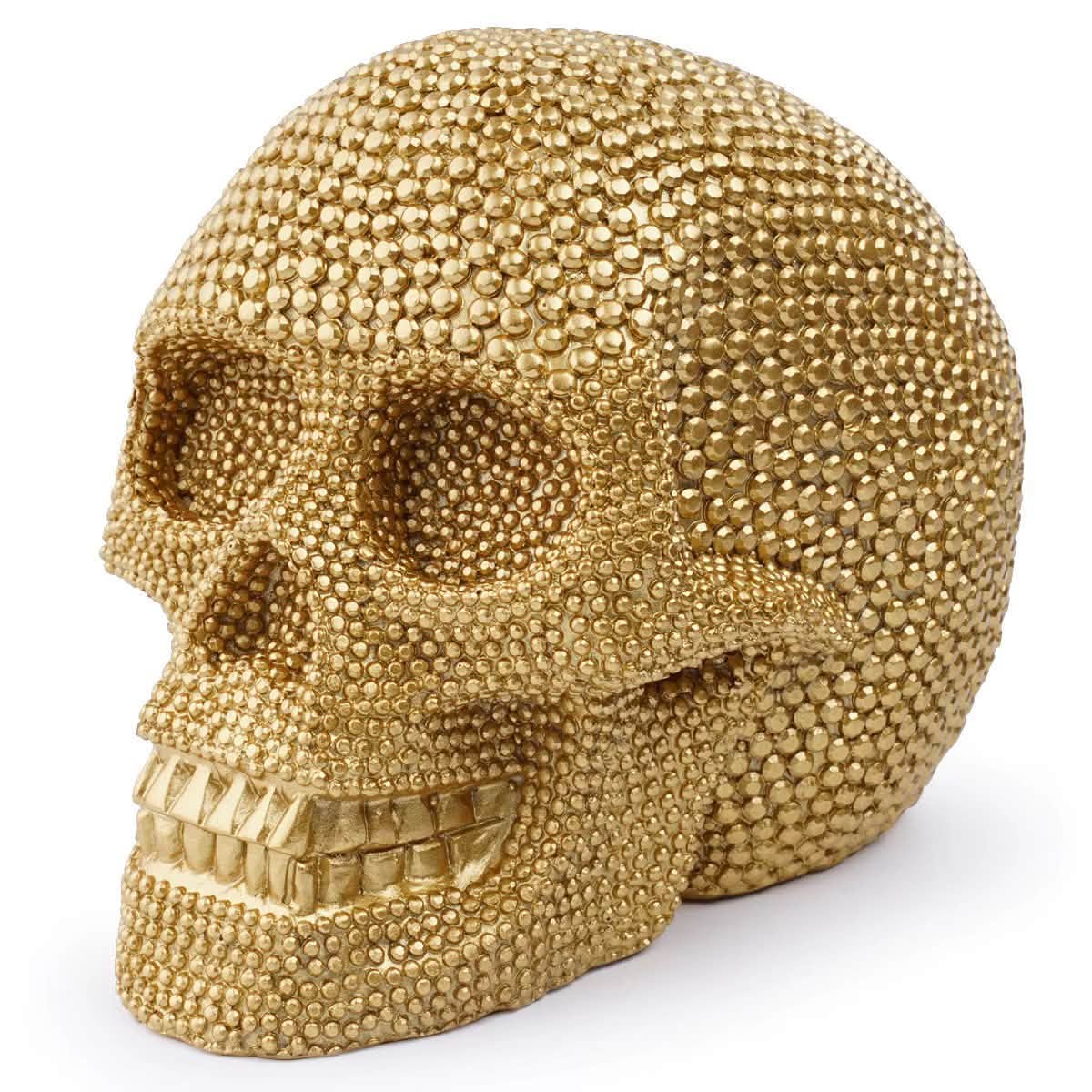 Luxury Gold Diamond Skull Sculpture in all-gold resin with raised diamond stud texture