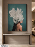 Luxury crystal porcelain wall art featuring a woman in profile with a white floral feather headdress on teal background, black aluminum alloy frame