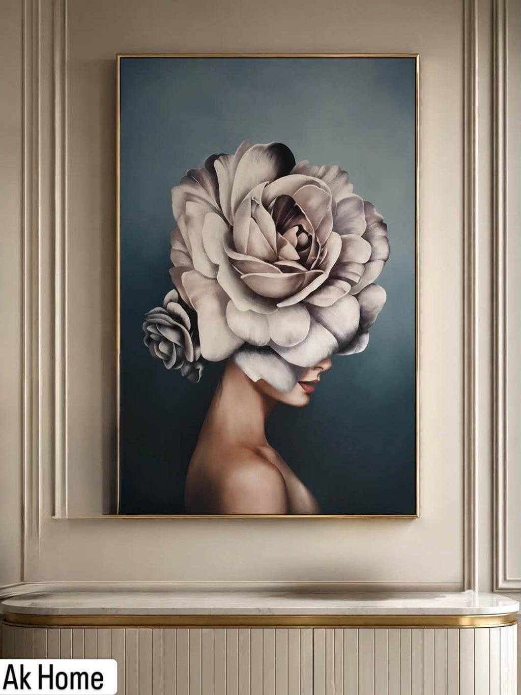 Luxury crystal porcelain wall art featuring a woman in profile with a large rose headdress on teal background, gold aluminum alloy frame