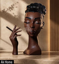 Elegant Woman Bust & Hand Wood Sculpture Set – deep mahogany woman bust with upswept hair and separate hand holding cigarette on travertine surface