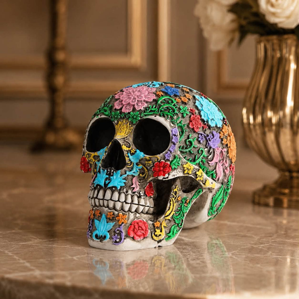 Luxury Floral Skull Sculpture in multicolor hand-painted resin with floral and botanical motifs
