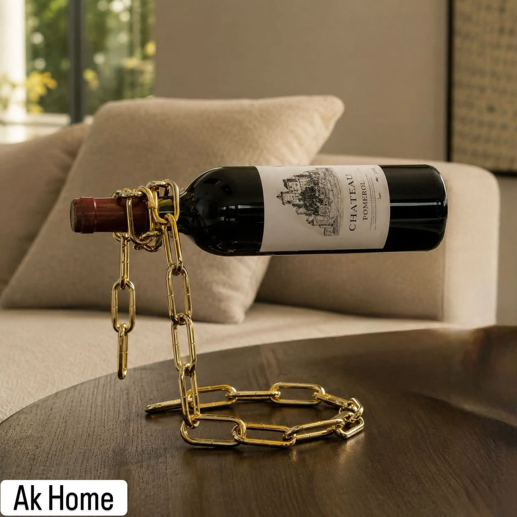 Gold Chain Wine Bottle Holder – gravity-defying metal chain rack in polished gold finish