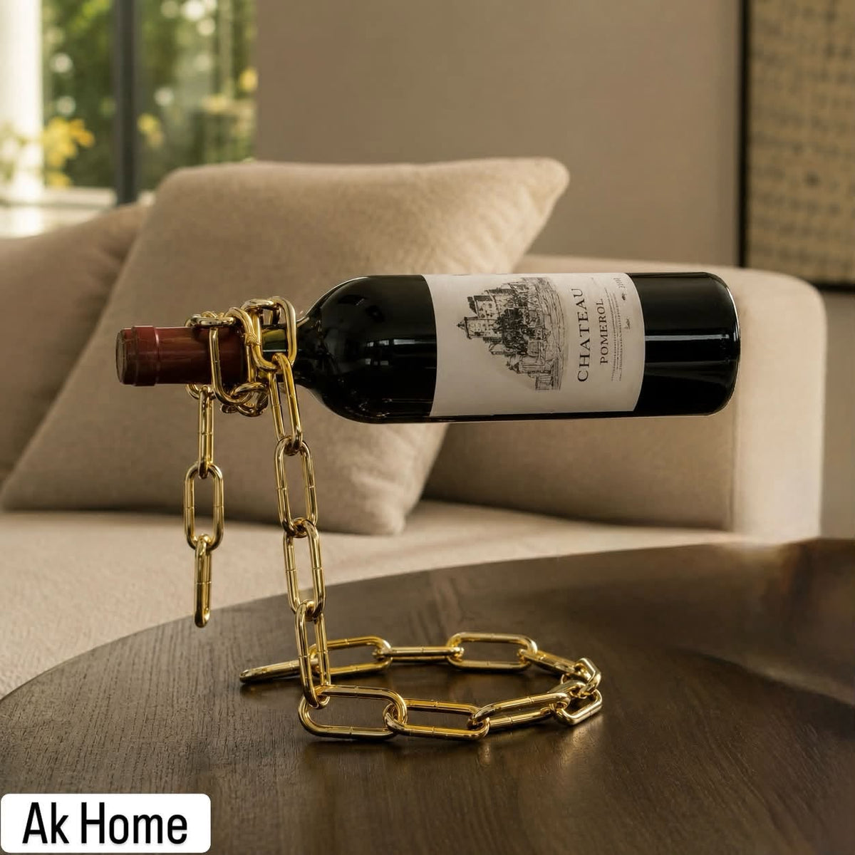 Gold Chain Wine Bottle Holder – gravity-defying metal chain rack in polished gold finish