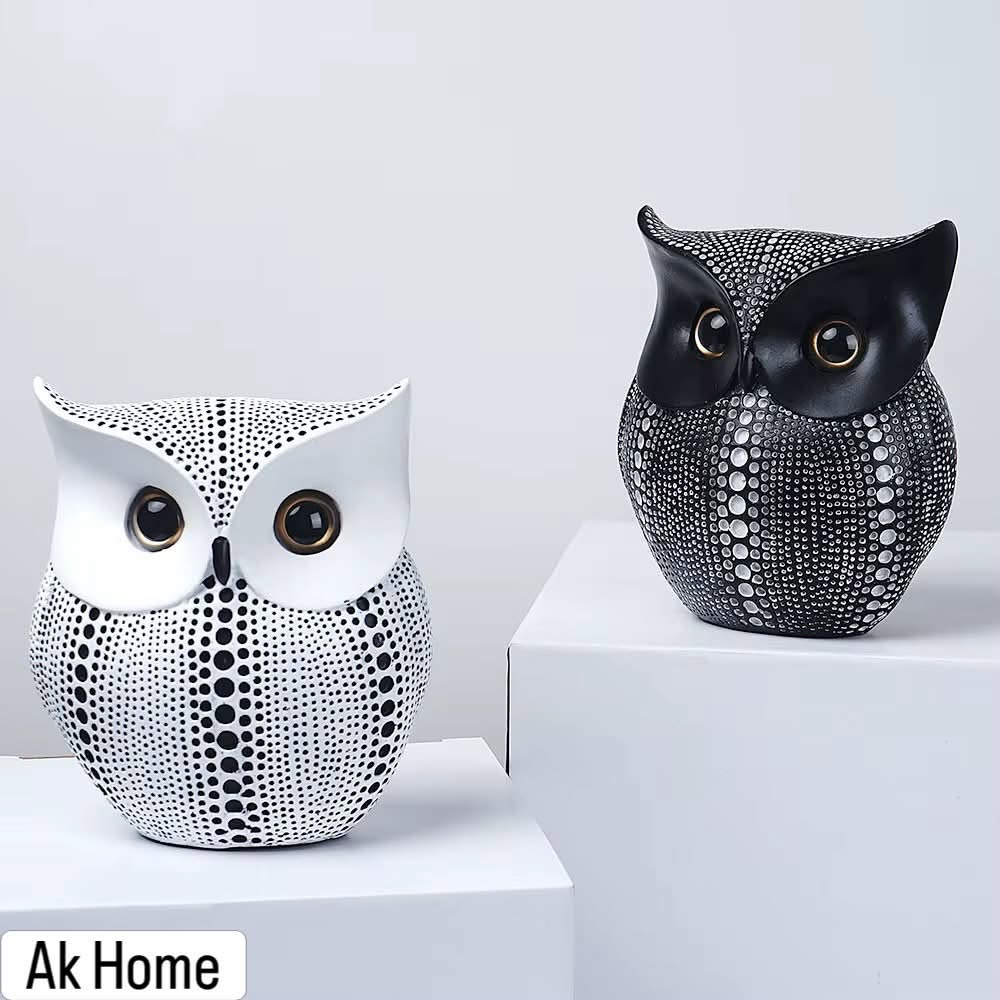 Dotted Owl Resin Sculptures – Black & White Set
