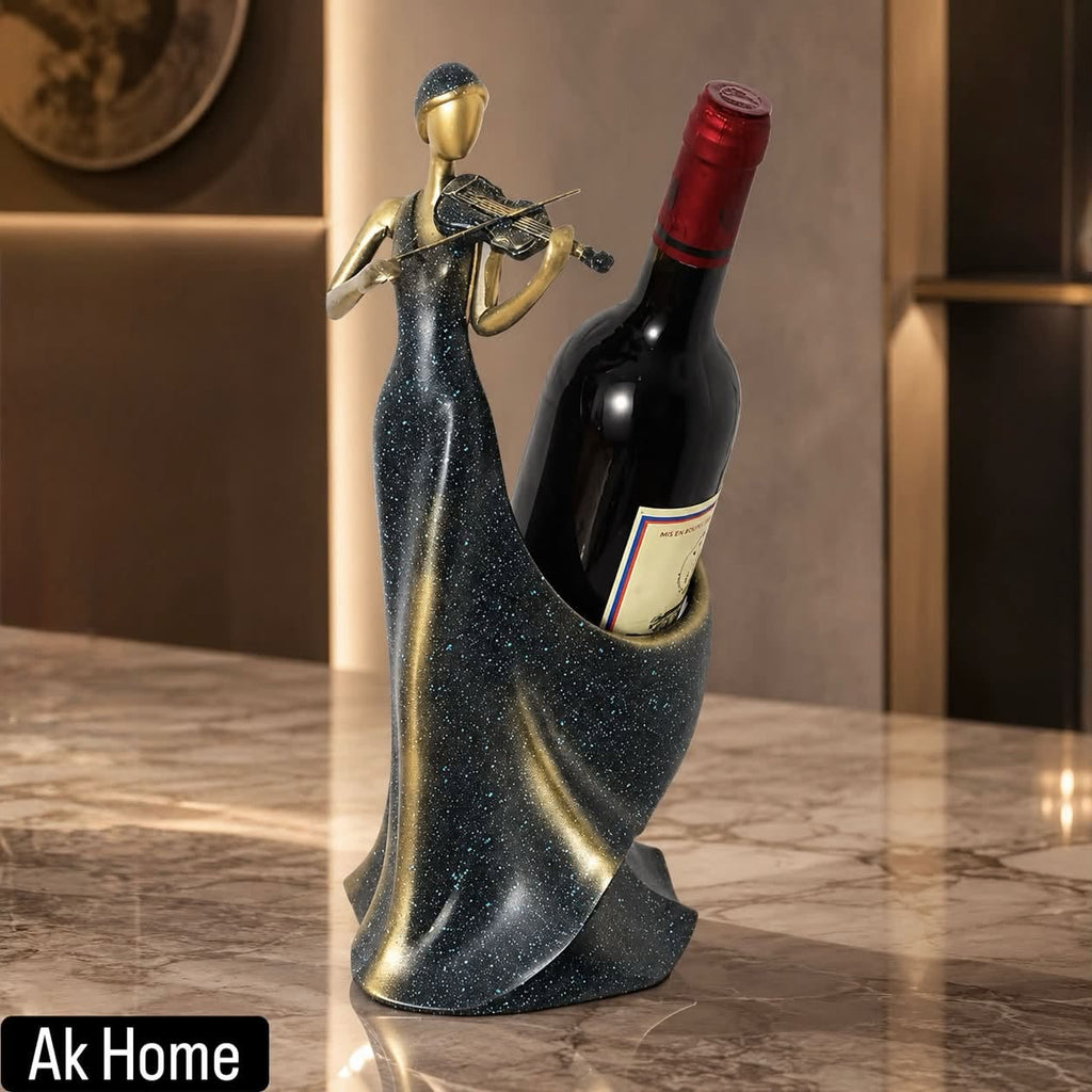 Violinist Lady Wine Bottle Holder Sculpture – Midnight Blue & Gold