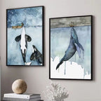Ocean Giants Watercolor Wall Art – orca and humpback whale framed crystal porcelain prints in black frames on grey wall