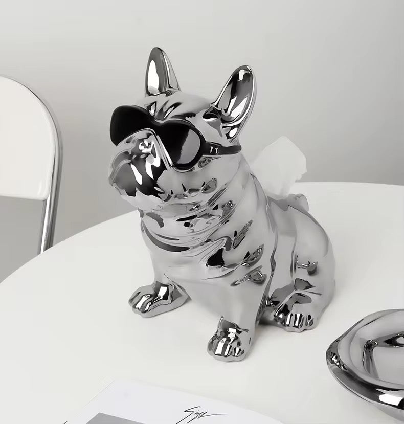 Chrome Luxe French Bulldog Tissue Holder – Modern Sunglasses Sculpture