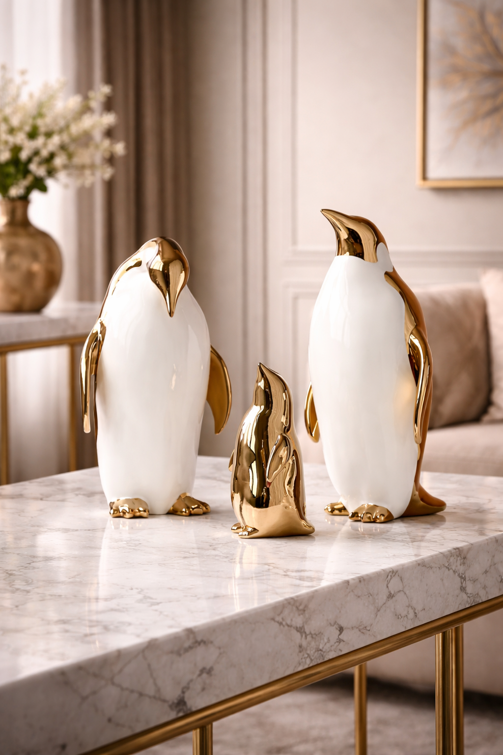 Modern White & Gold Penguin Figurine Set