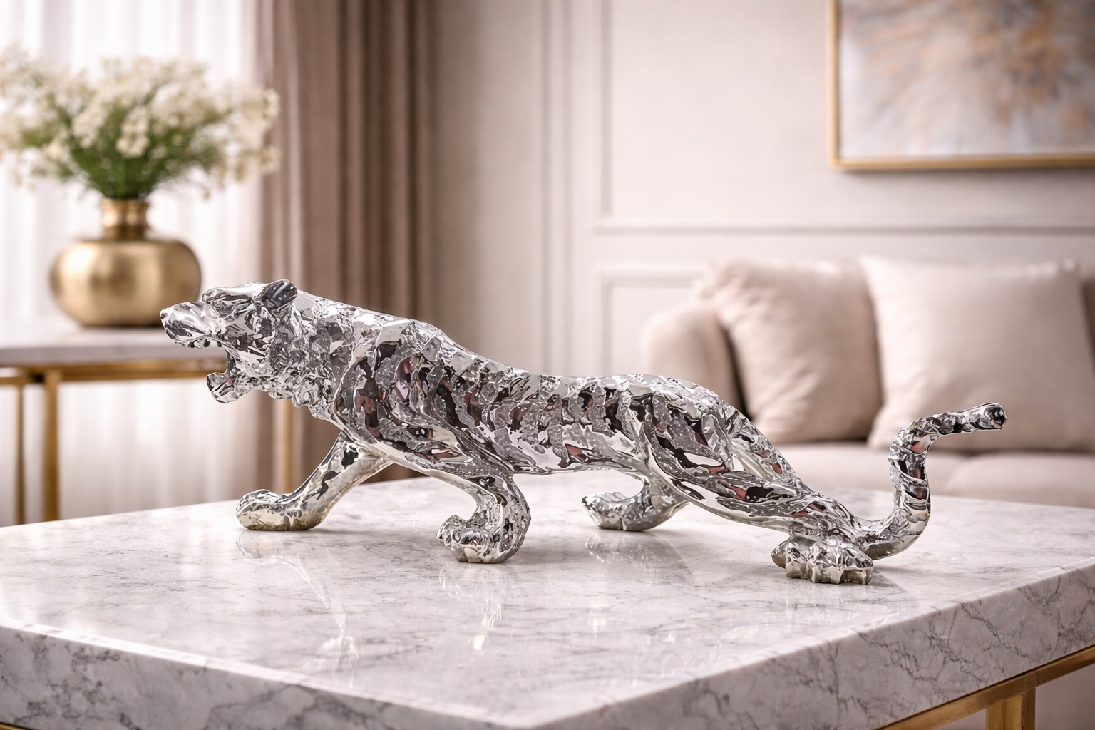 Modern Tiger Sculpture – Luxury Metallic Finish (Gold / Silver)