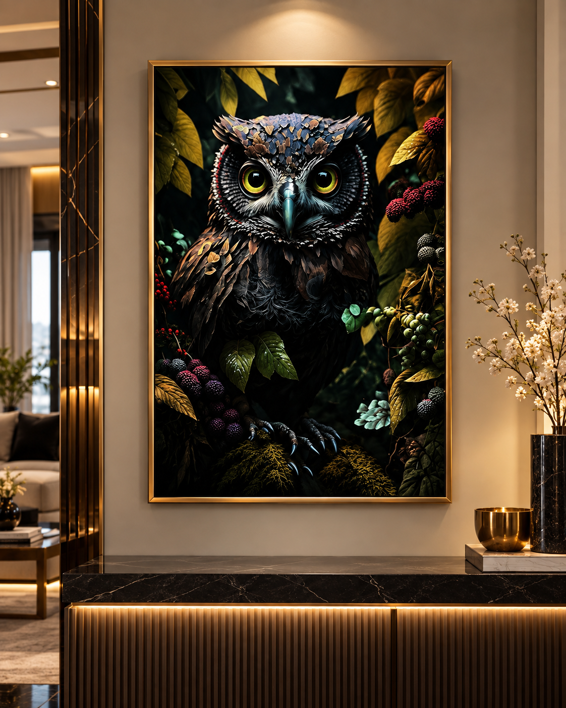 Midnight Owl Botanical Wall Art – Framed Crystal Porcelain Print — additional product view 2 at AK Home