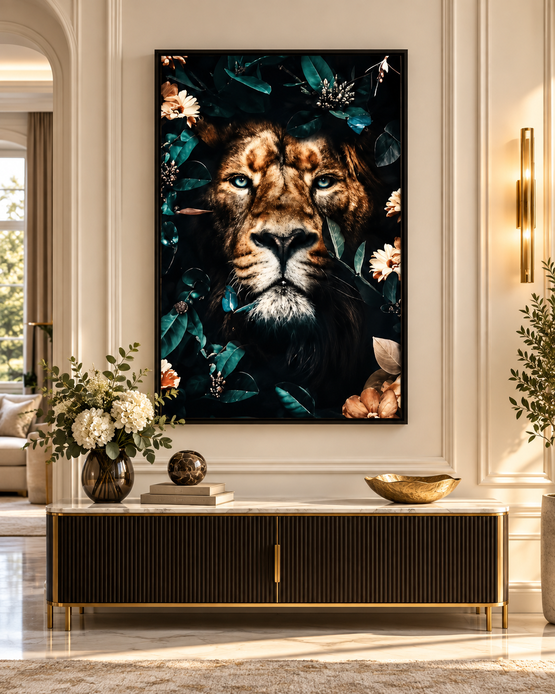 Jungle King Lion Floral Wall Art – Framed Crystal Porcelain Print — additional product view 2 at AK Home