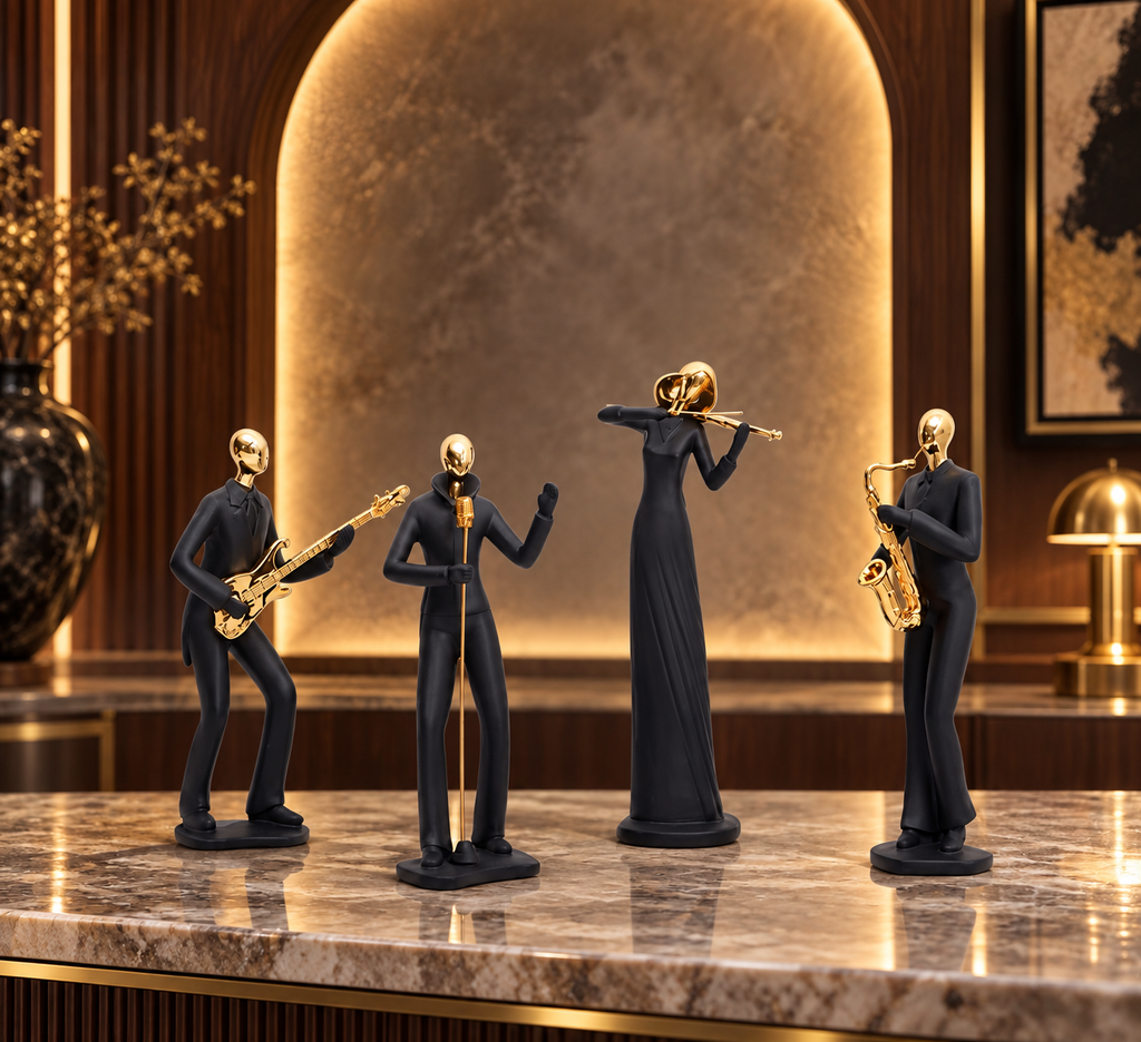 Black & Gold Musician Resin Figurine — product photograph at AK Home