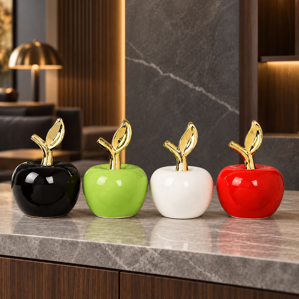 Glossy Ceramic Apple Figurine with Gold Leaf Stem — additional product view 2 at AK Home