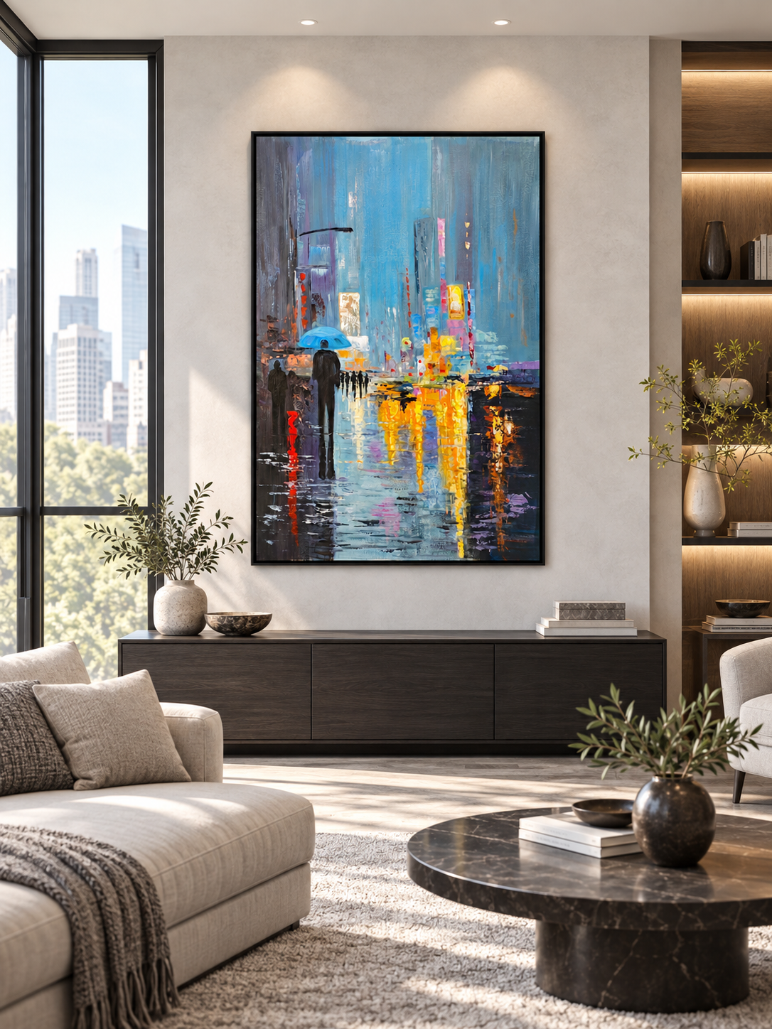 Rainy City Night Hand-Painted Canvas – PS Floating Frame — product photograph at AK Home