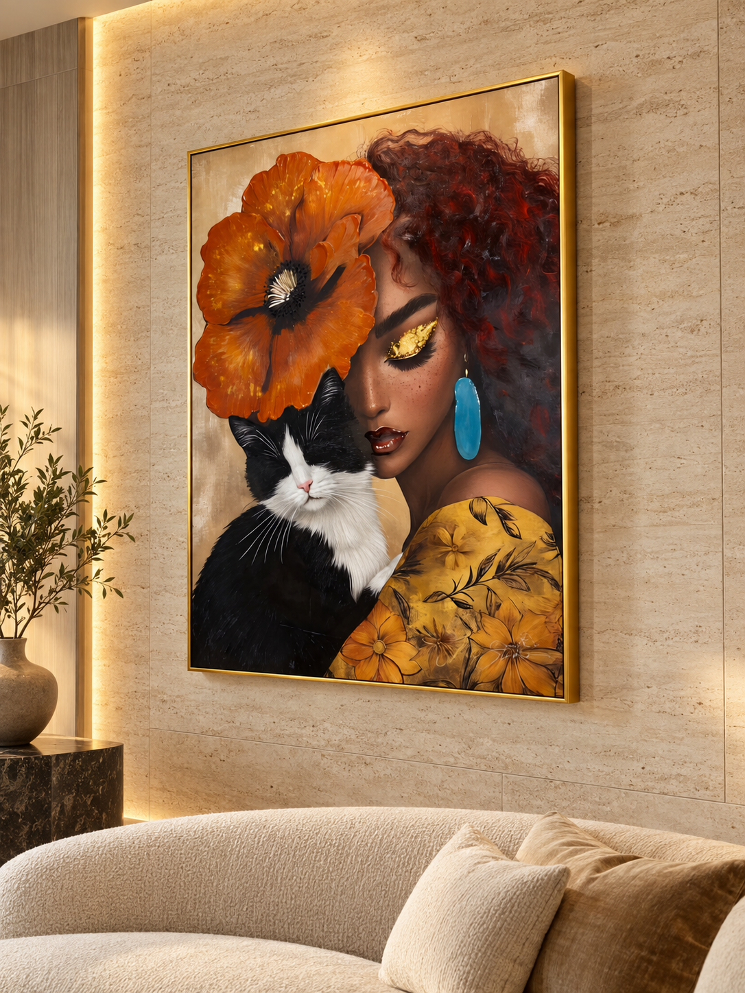 Woman with Cat & Florals Framed Canvas Print — additional product view 2 at AK Home